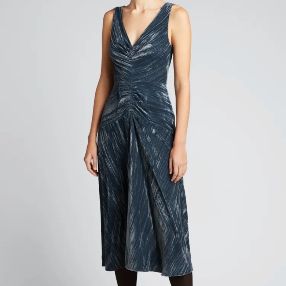 NWT VINCE Ruched Velvet Paneled V-Neck midi Dress slate blue women’s 6